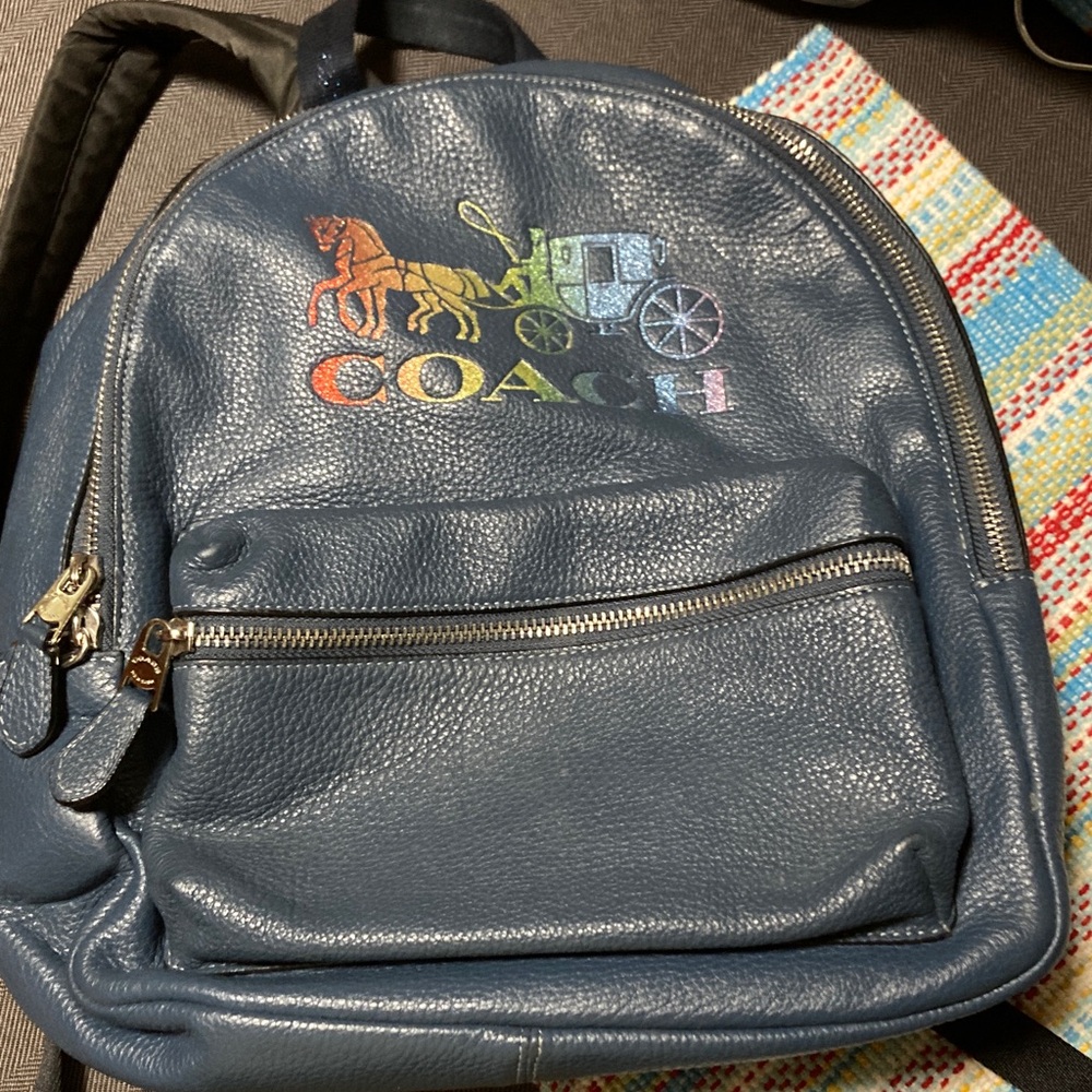 Coach Navy Leather Backpack with Rainbow Logo
